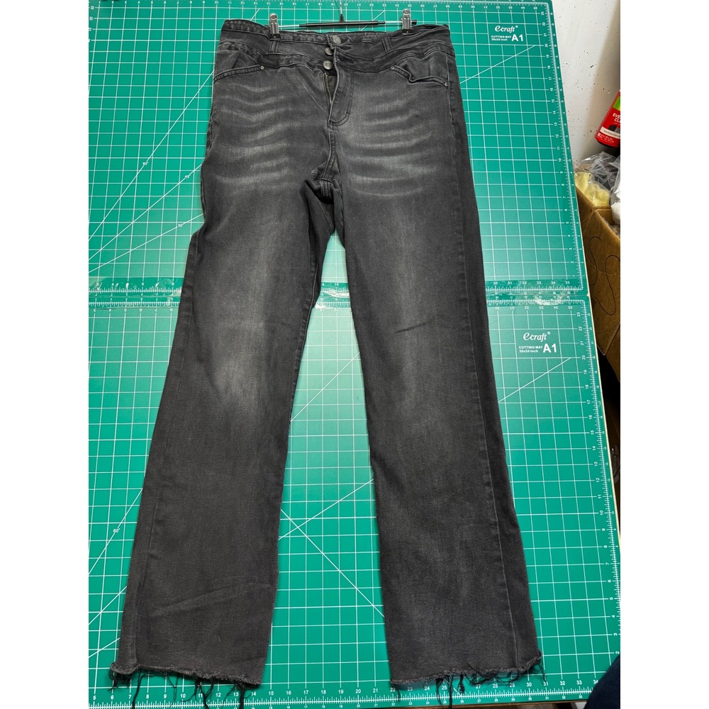 Grace & Lace Wide Leg Jeans Womens 16 Washed Black Raw Hem High Rise Stretch
